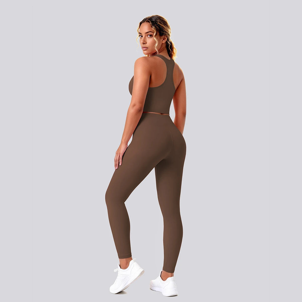 2PCS Solid Color Yoga Set for Woman's Gather Beautiful Back I-shaped Vest Shock-absorbing Running Yoga Tank Top Push Up Pants