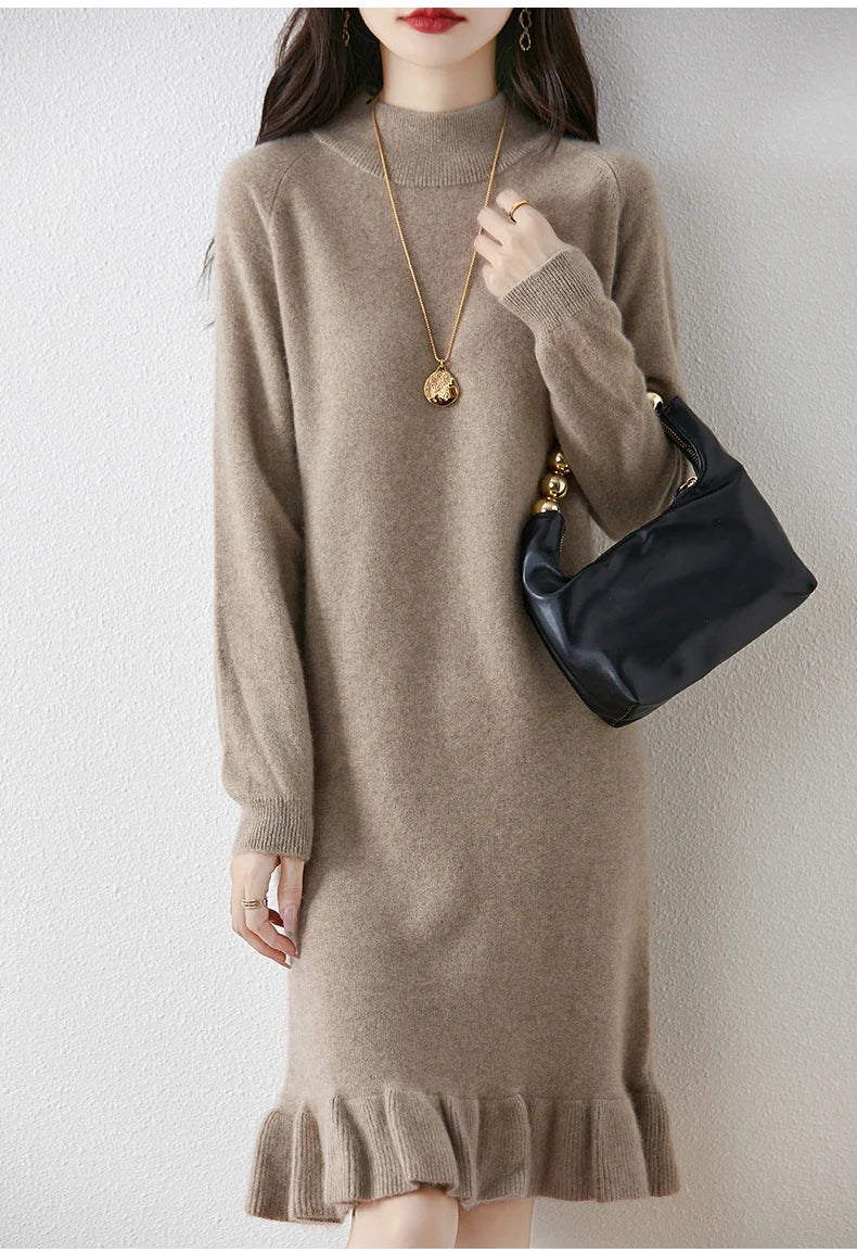 Women's Pure Wool Knitted Dress, High Collar, Pleated, Casual, Fashionable, Warm, 2024 Autumn And Winter