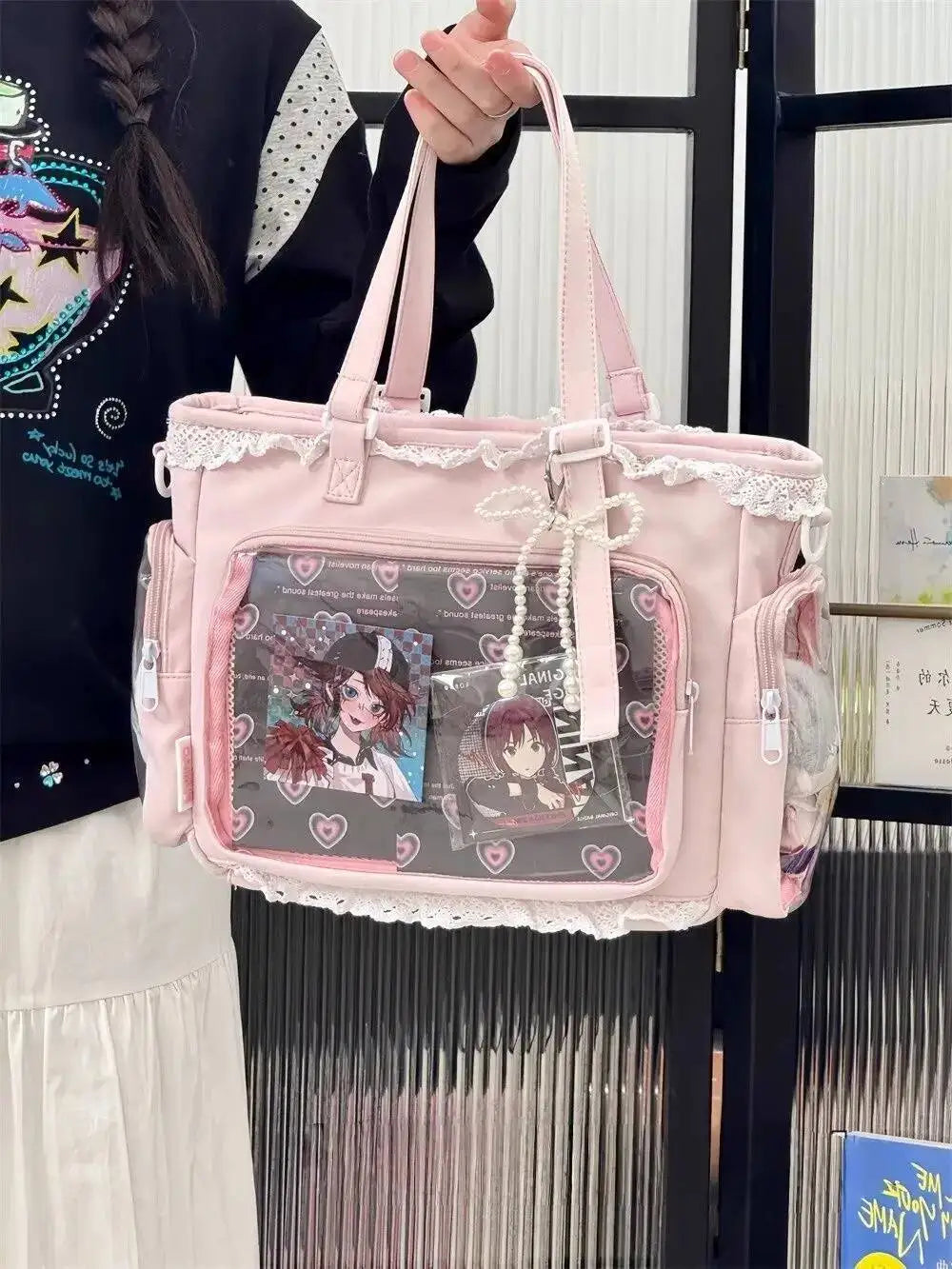 Japanese Sweet Women Ribbon Ita Bag Fashion Large Capacity Tote Bag Aesthetic Shoulder Bag Cute Lolita Girl Transparent Handbags