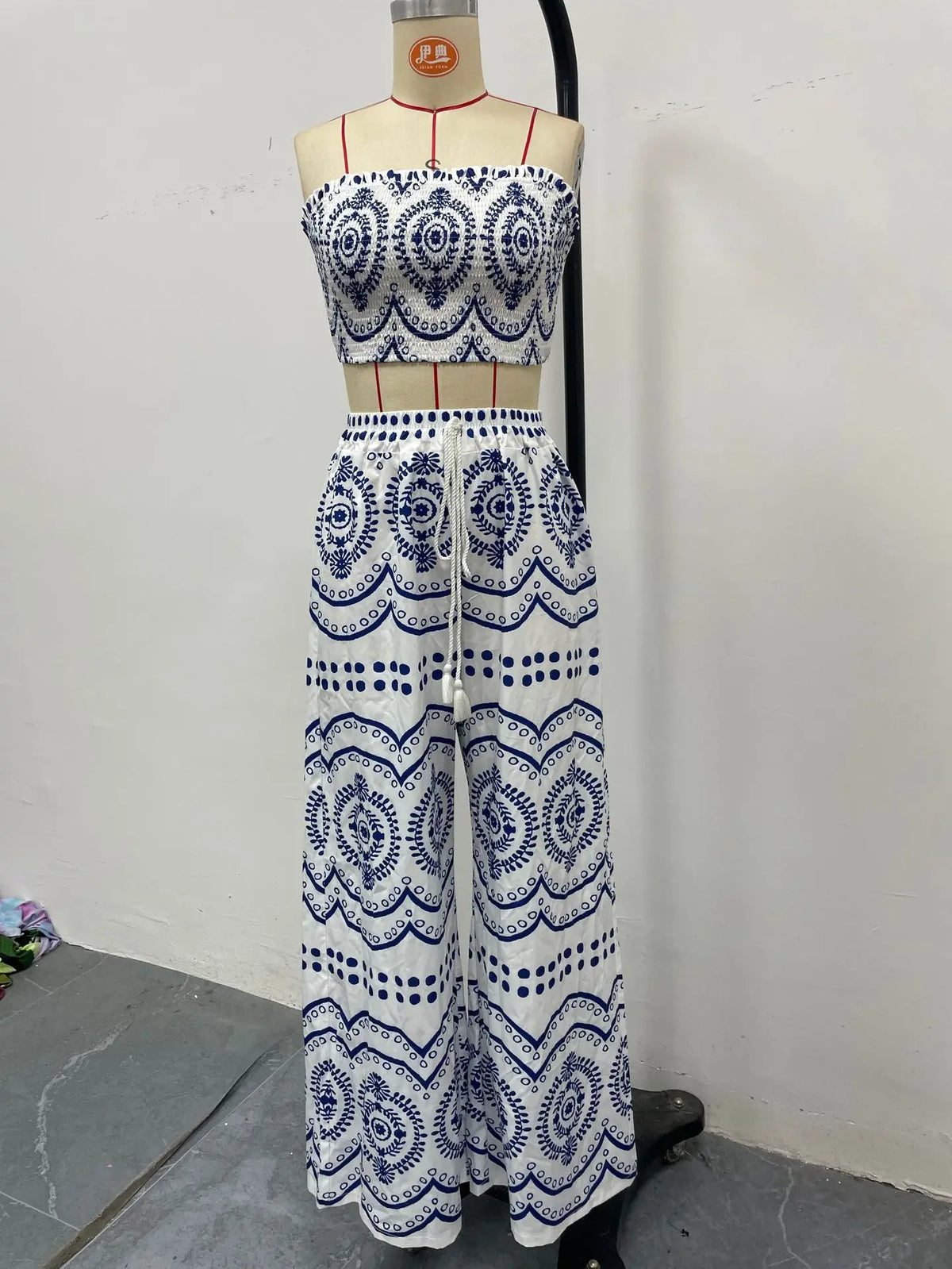 Bohemian Print Crop Top And Wide Leg Pants Two Piece Set for Women Summer Fashion Outfit Spicy Girl Casual Wear