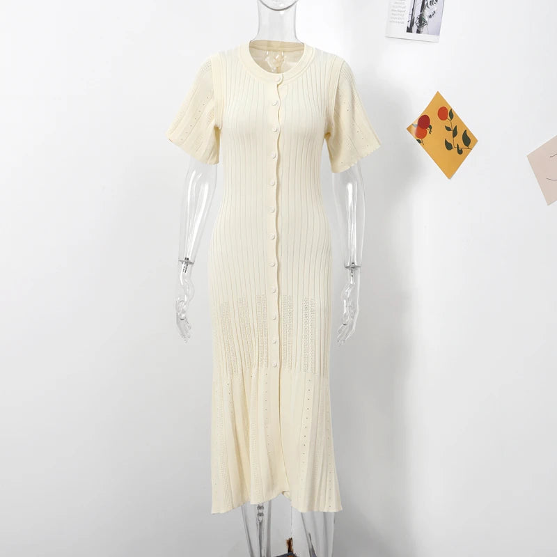 Elegant Solid Knitted Long Dress For Women Fashion O Neck Short Sleeve Single Breasted Female Robes 2024 Autumn New Lady Dresses