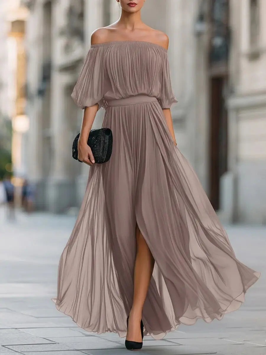 Elegant Women's Long Dress Off-the-shoulder Chiffon Evening Dress Sexy Ruched Slit Flowing Skirt Fashionable Party Holiday Dress
