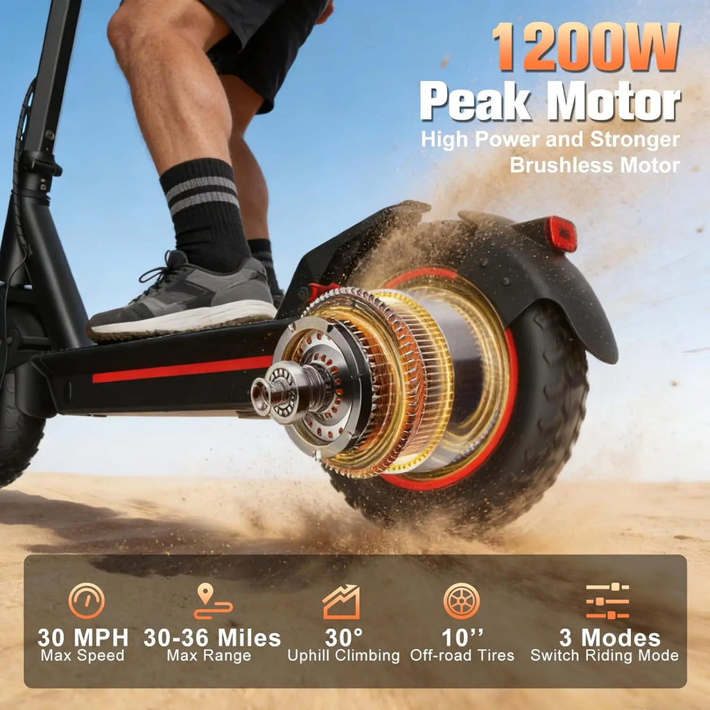 1200W Off-Road Electric Scooter for Adults 48V Long Range 30mph Fast Speed 10'' Pneumatic Tire Foldable Dual Suspensions Scooter