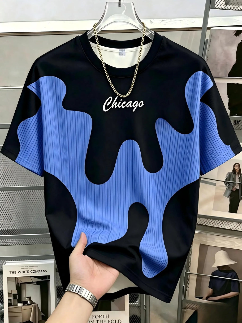Fashionable new men's summer Chicago letter ink printed soft and breathable round neck T-shirt outdoor urban leisure sports top