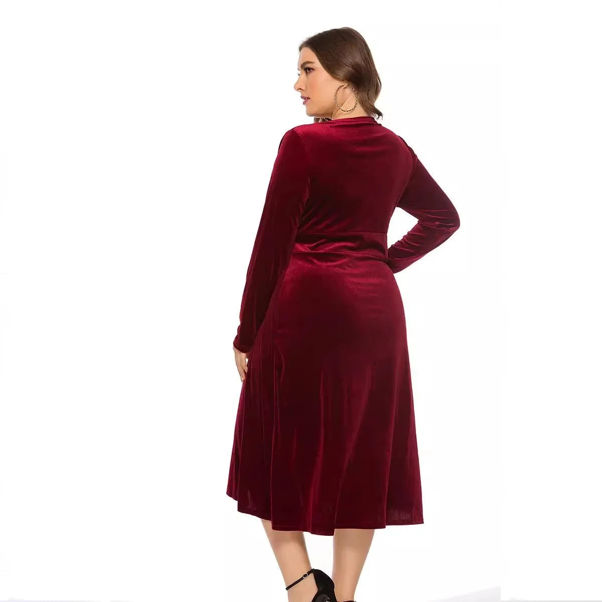Plus Size New Arrival Fashional Long Sleeve V Neck Velvet Maxi Midi Dresses For Big Size Elegant Women