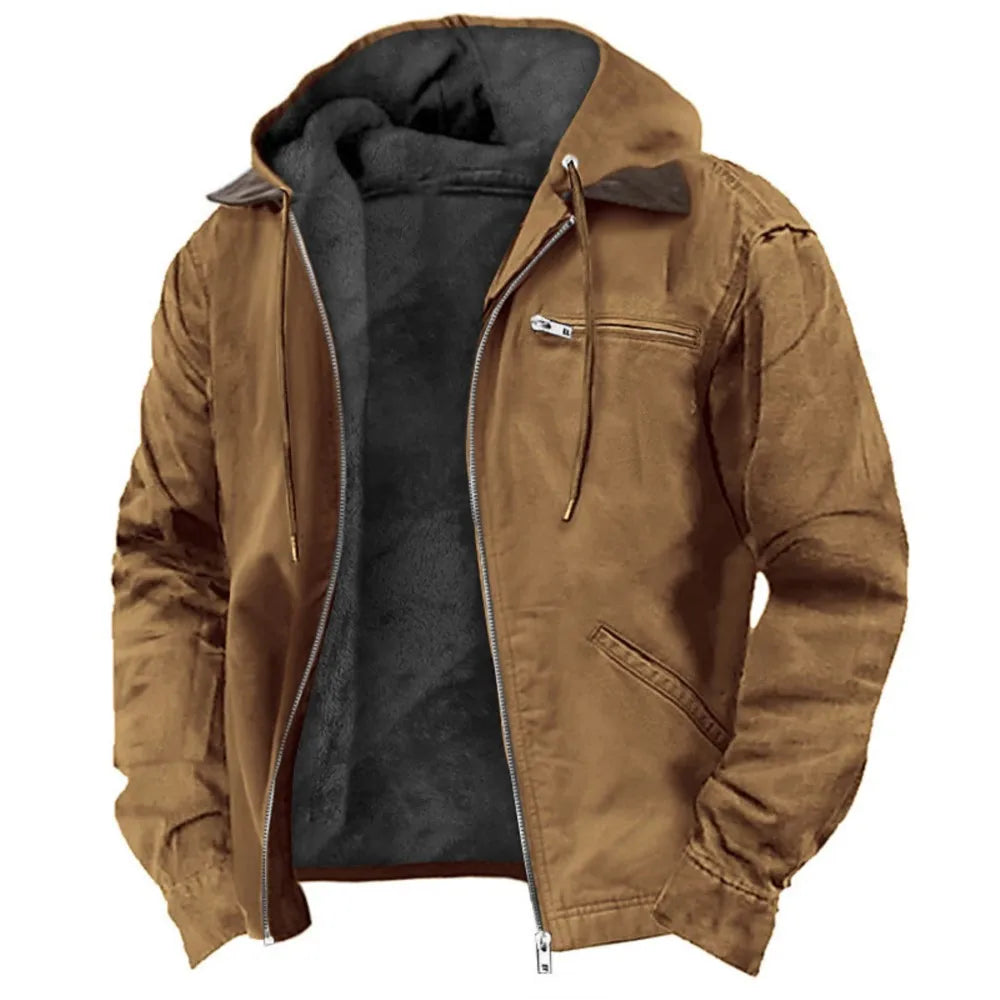 European and American Men's Autumn and Winter Casual Hooded Zipper and Fleece Warm Jacket With Multiple Pockets Outdoor Jacket