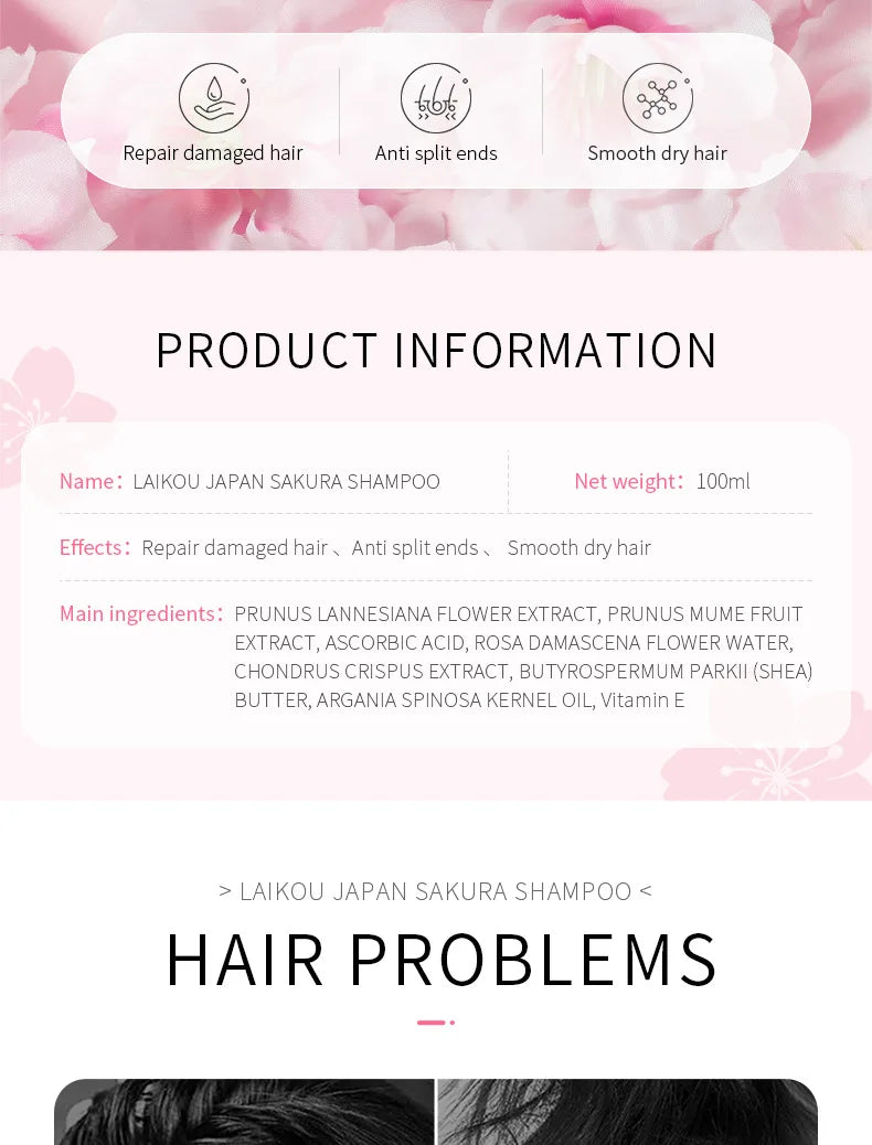 LAIKOU Japan Sakura Shampoo 100ml Travel Size Repair Split Ends Smooth Dry Damaged Hair Cherry Blossom Fragrance Hair Wash