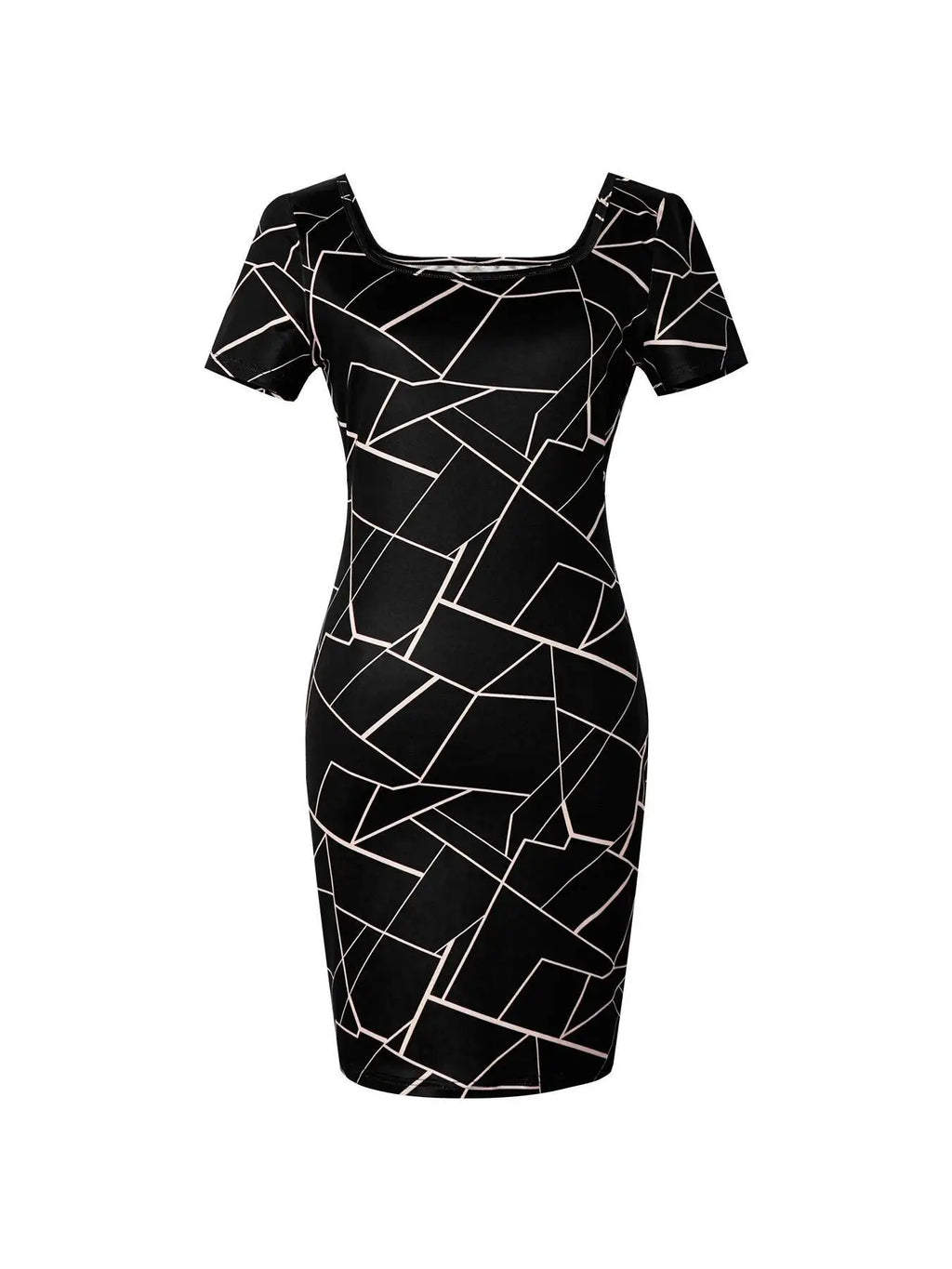 Women Dress Square Neck Short Sleeve Geometric Print Bodycon Mini Dress Sleek Spring Summer Chic Party Club Night Out Flattering