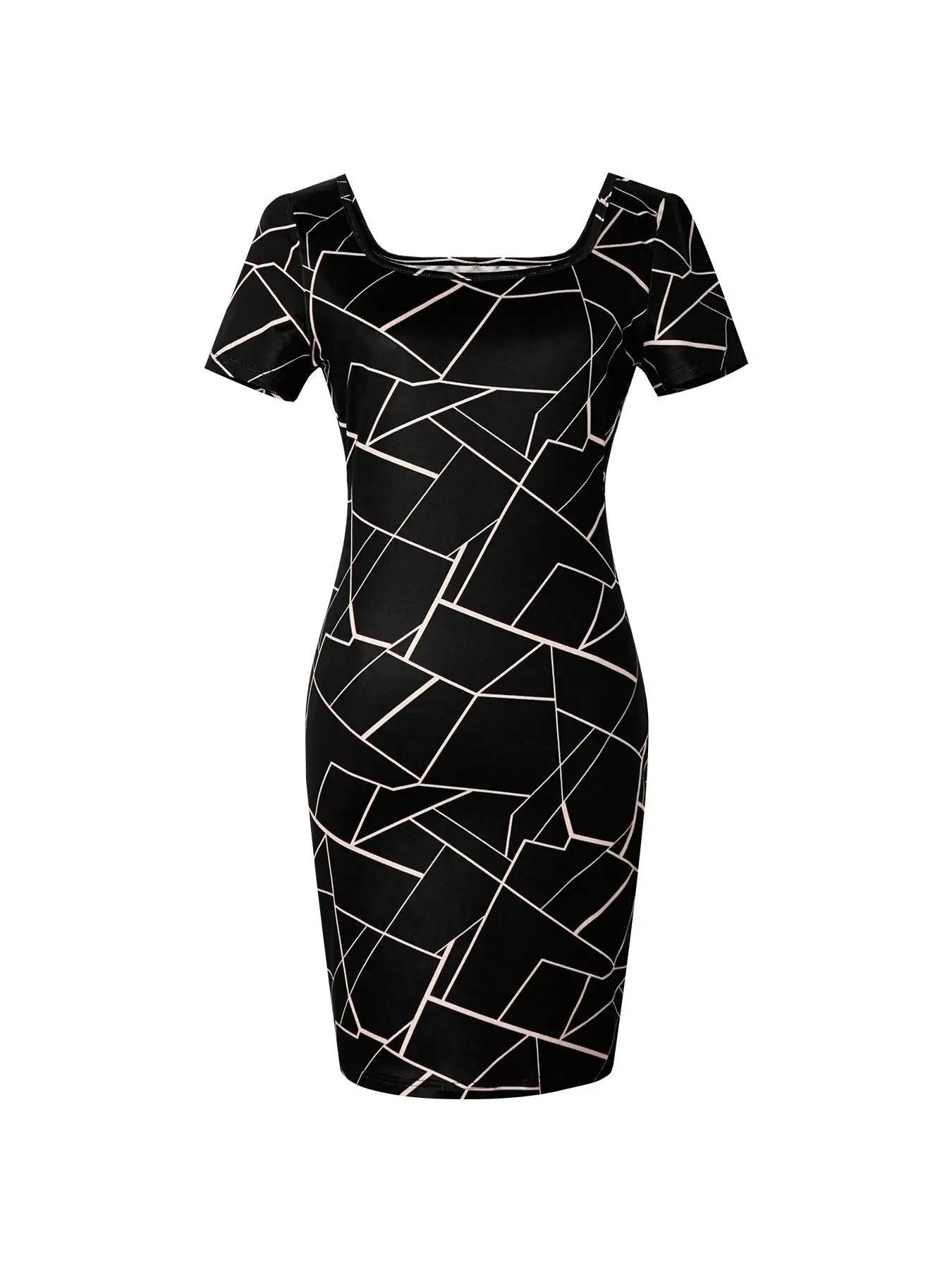 Women Dress Square Neck Short Sleeve Geometric Print Bodycon Mini Dress Sleek Spring Summer Chic Party Club Night Out Flattering
