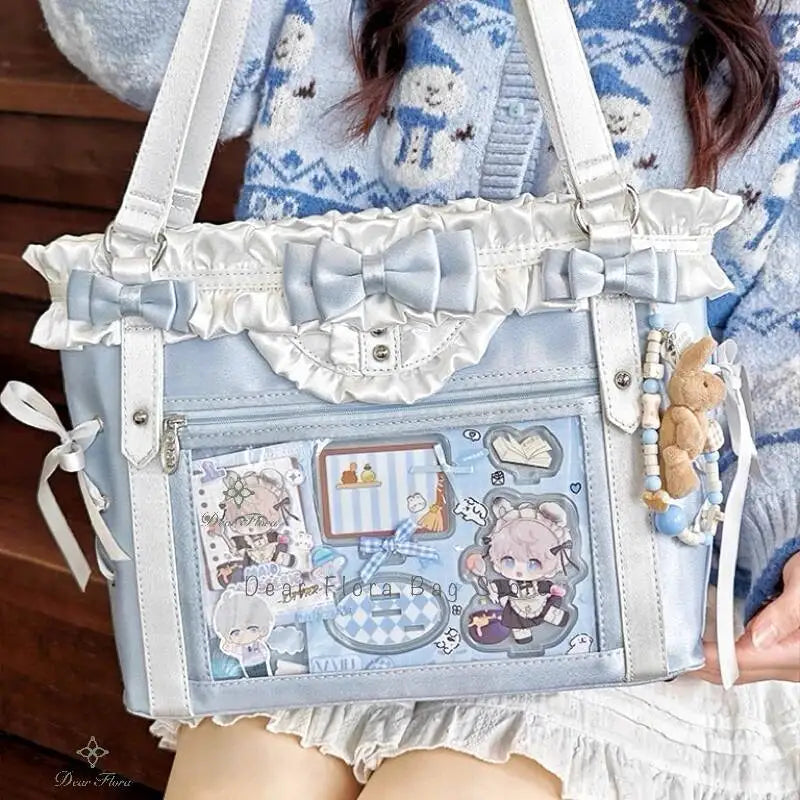 Japanese Sweet Women Ribbon Ita Bag Fashion Large Capacity Tote Bag Aesthetic Shoulder Bag Cute Lolita Girl Transparent Handbags