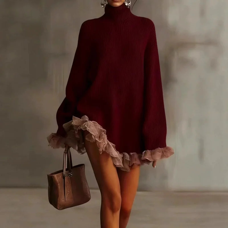 Autumn Winter Turtleneck Simple Sweater Dress, Women Holiday Casual Patchwork Mini Dress, Long Petal Sleeve Sweet Ladies Dress
