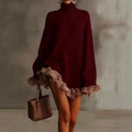 Autumn Winter Turtleneck Simple Sweater Dress, Women Holiday Casual Patchwork Mini Dress, Long Petal Sleeve Sweet Ladies Dress