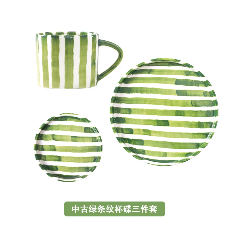 European Striped Ceramic Coffee Cup Saucer Modern Breakfast Dessert Plate Tea Cup Decorative Art Striped Coffee Cup 200 Ml Decor