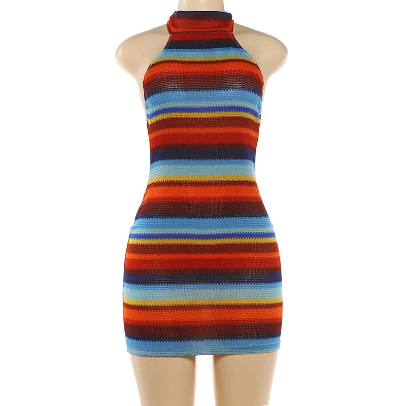 Cryptographic Striped Knit Halter Mini Dress Colorful Contrast Sleeveless Backless Summer Casual Clubwear Bodycon Short Dresses