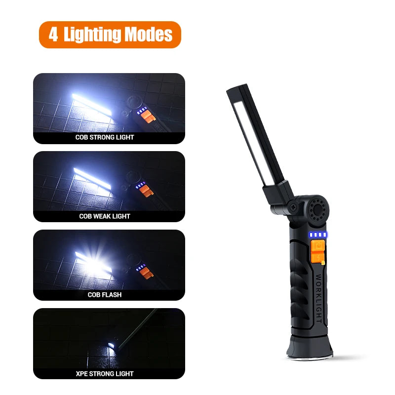 Multifunctional COB LED Flashlight Portable Magnetic Work Light Lantern USB Rechargeable Emergency Repair Camping Torch Lamp