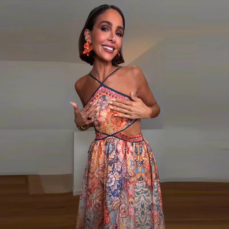 Sexy Halter Printed Women's Dress Sleeveless Backless Waist-Exposed A-Line Lady Dresses 2026 Summer Chic Female Vacation Robe