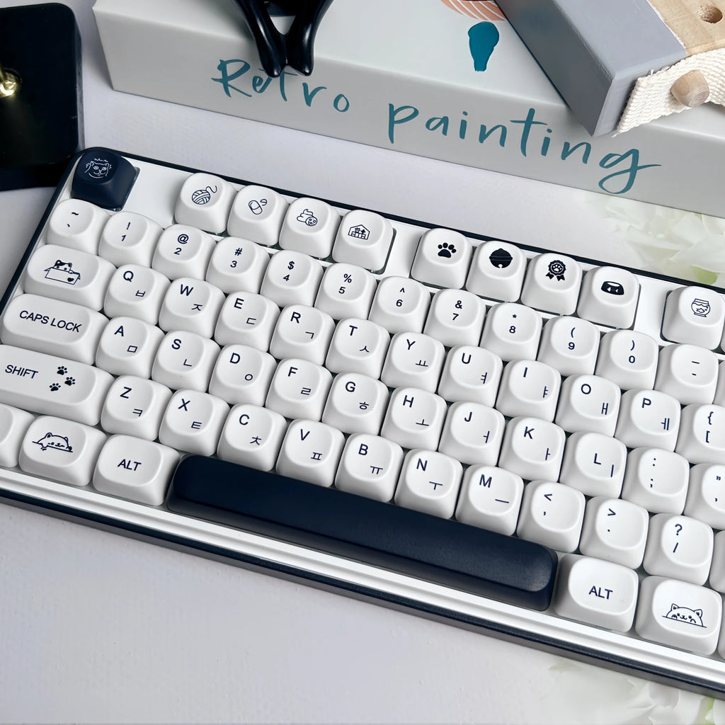 Strange Cat Cute Keycap English/Russian/Korean PBT MOA Minimalist Black and White Keycaps Lovely Kitten Mechanical Keyboard Caps