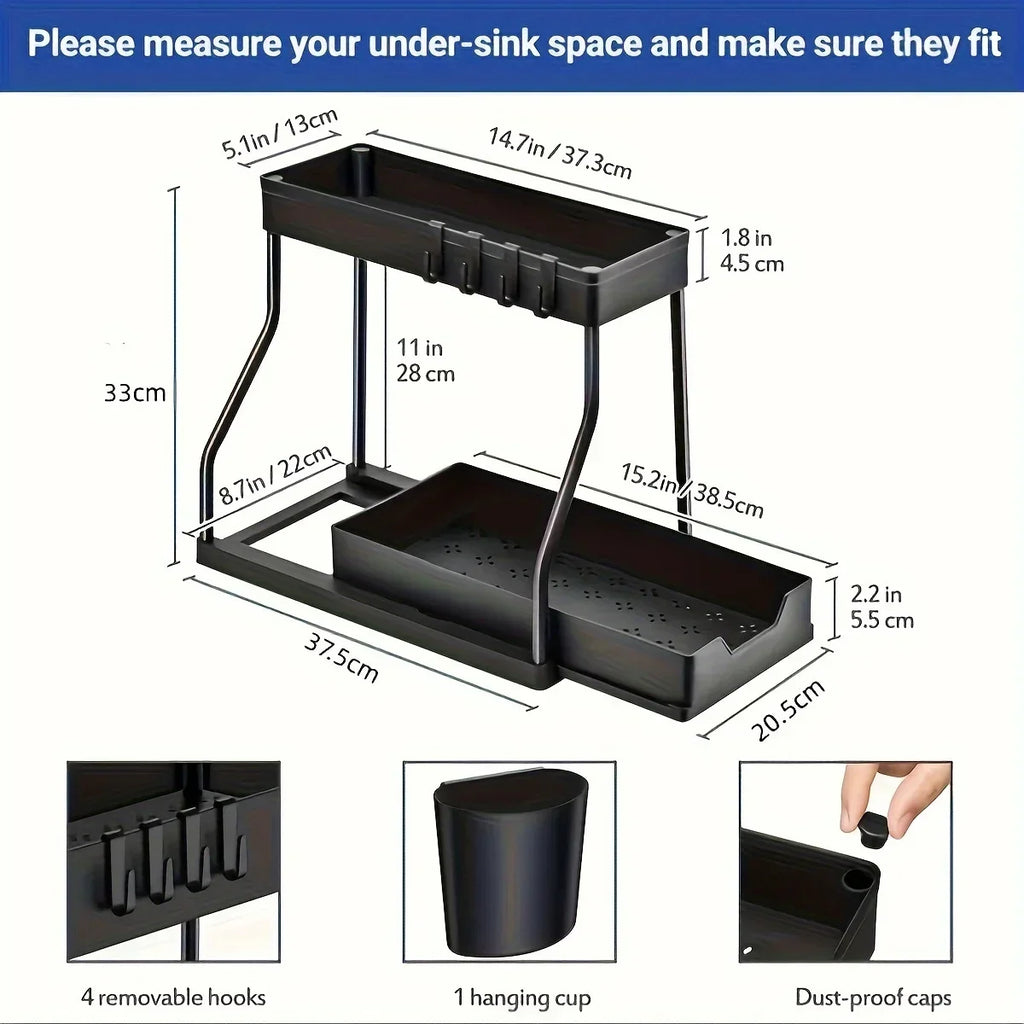2 Tier Slide Out Under Sink Organizer with Hooks Large Capacity Space Saving Storage Rack for Kitchen Bathroom Cabinet Durable