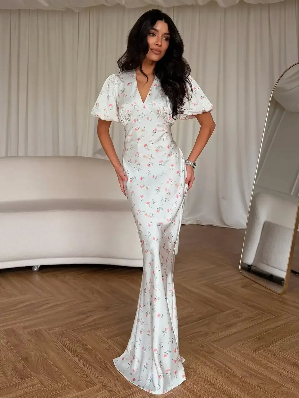 Elegant Printed V-neck Maxi Dress Women Fashion Satin Puff Short Sleeve High Waist Slim Long Dresses 2026 Summer Lady Party Robe