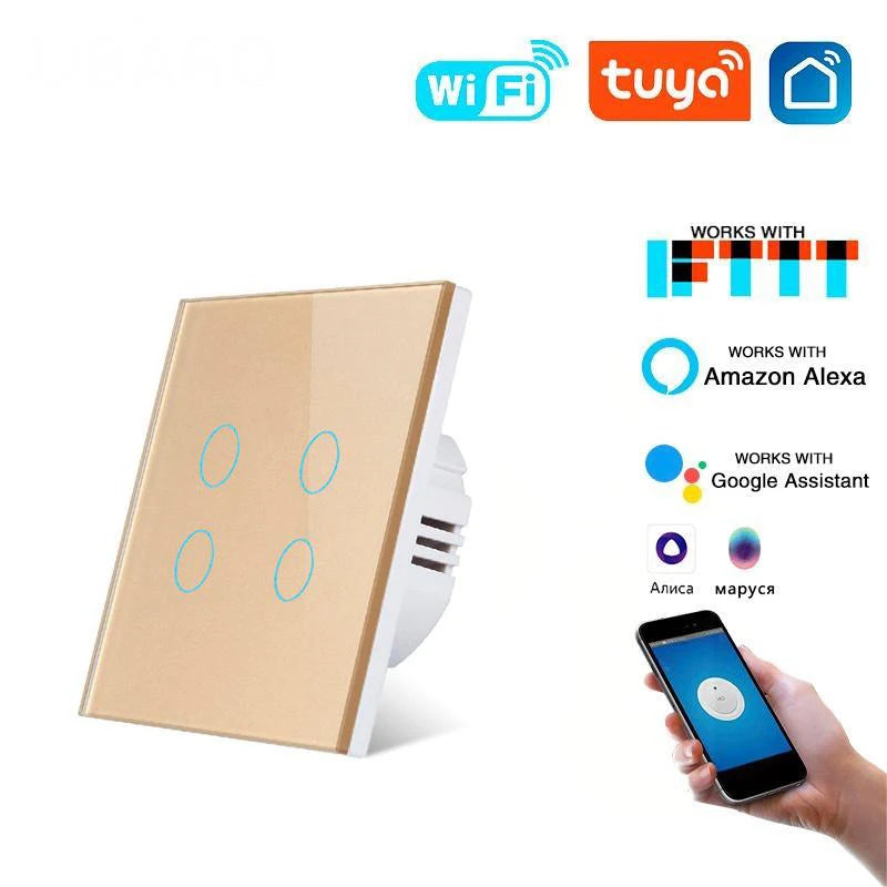 Tuya WiFi Smart Touch Switch Glass Panel EU Standard 1/2/3/4 Gang Light Switch Neutral Wire Required App Voice Control Alexa Goo