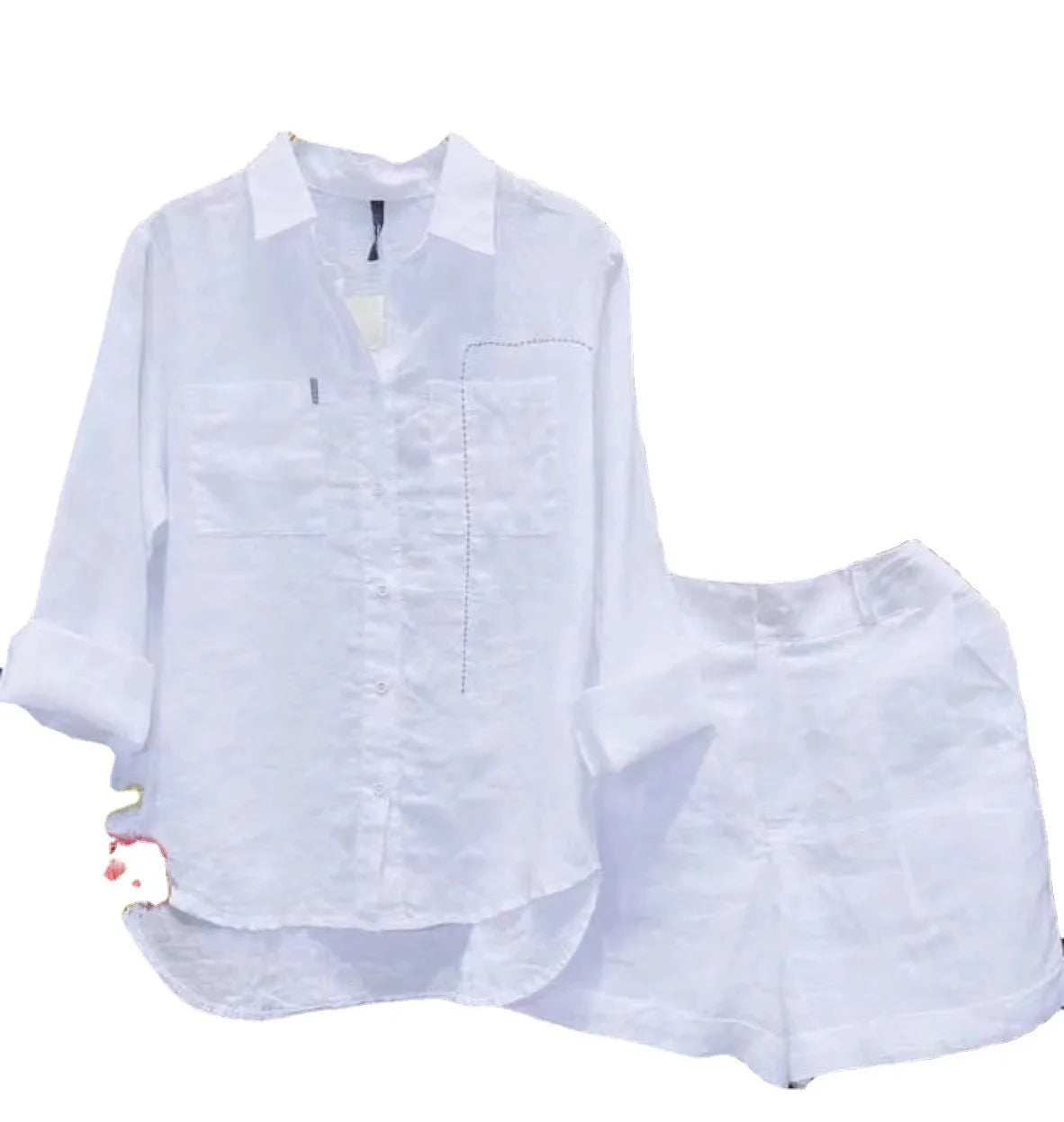 Fashion White Long Sleeve Shirt And Shorts Two Piece Sets Outfit Summer Cotton Linen Casual Home 2 Piece Set For Women Suits