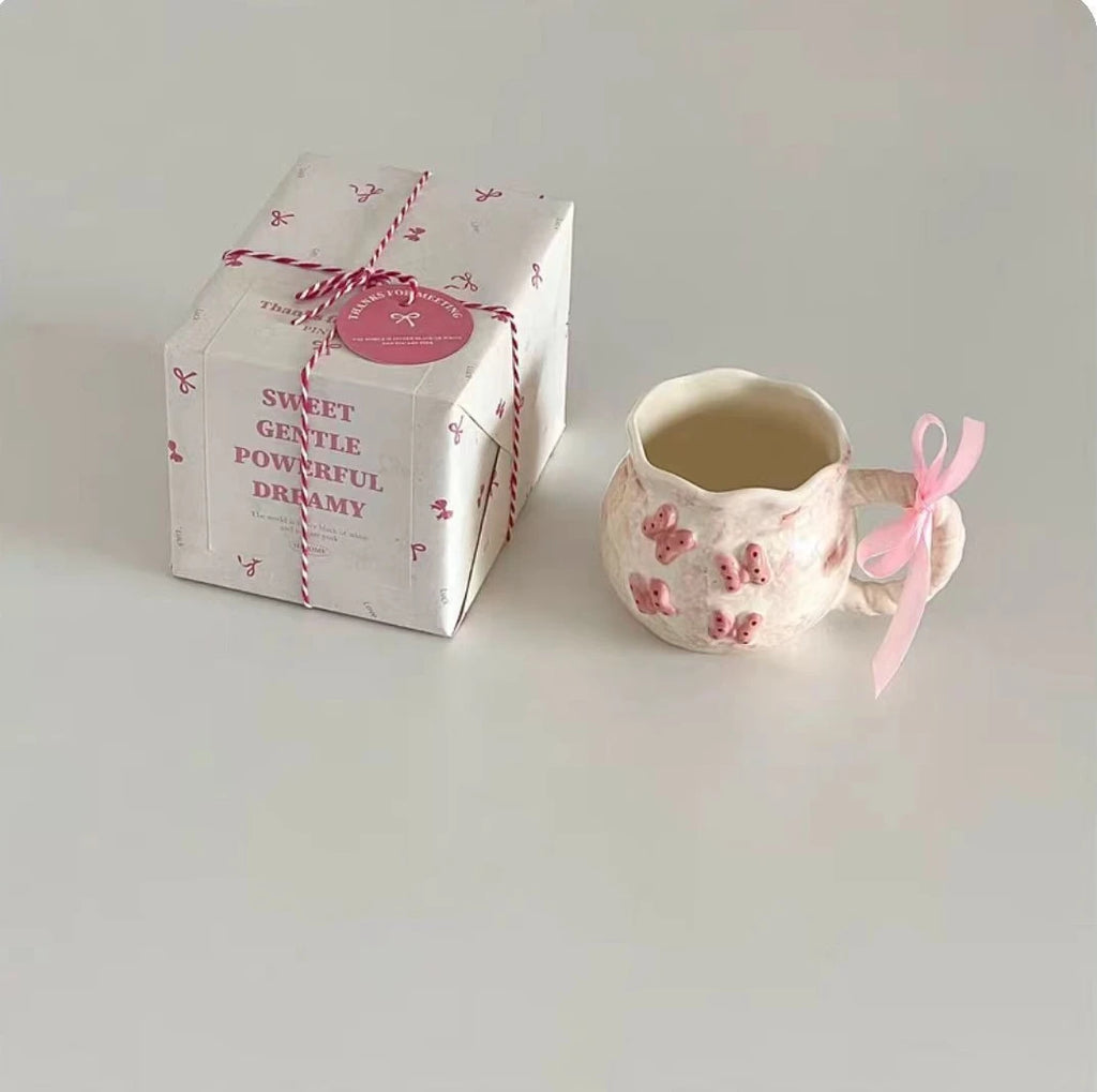 Handmade Irregular Mug, Pink Three-dimensional Bow Coffee Cup, Artistic Niche Mug Gift Ceramic Water Cup