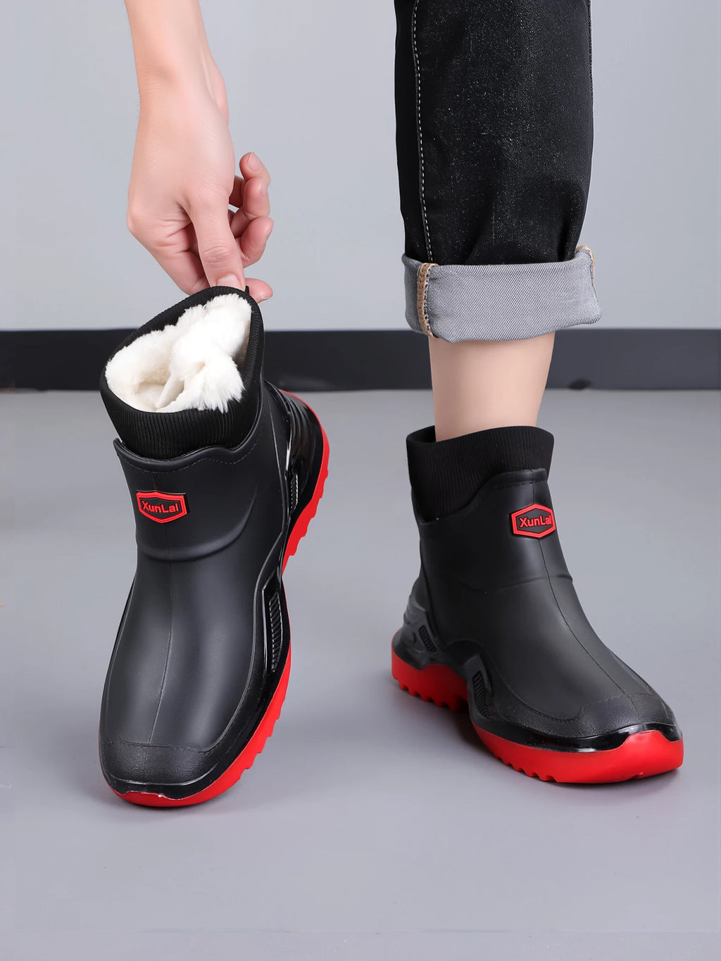 Men Women Winter Waterproof Rain Boots Fleece Warm Snow Sock Cuff Anti Slip Ankle Boots Outdoor Work Garden Shoes Size 36-46