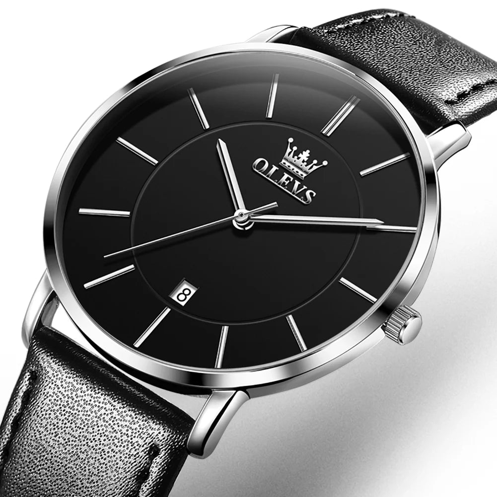 OLEVS 5869 Ultra Thin 6.5mm Quartz Watch for Men Fashion Leather Strap Simple Luxury Auto Date Clock Men's Wristwatch Waterproof