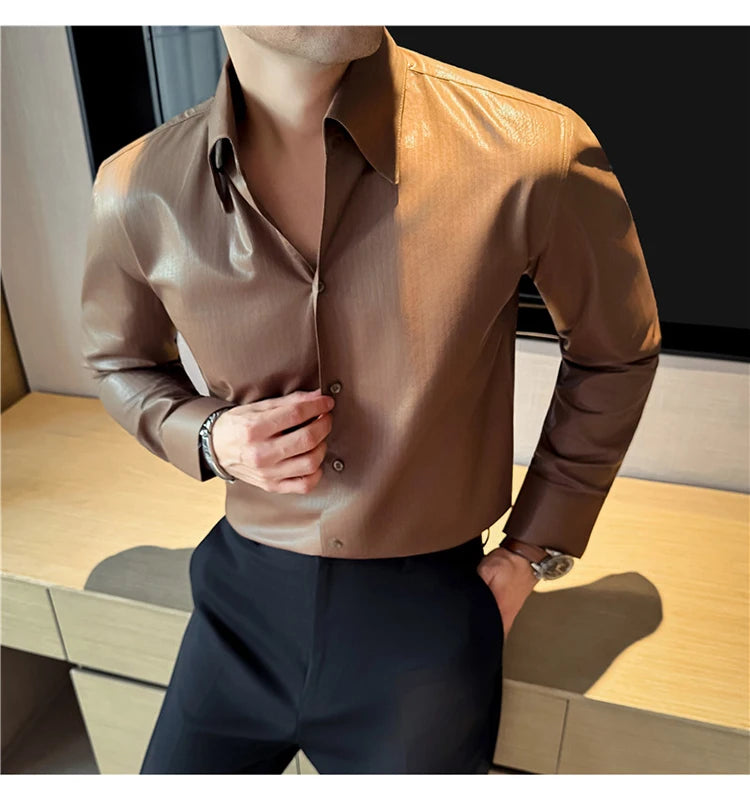 Men's 2026 Spring Luxury Lyocell Cotton Shirt, Leather-Like Texture Jacquard V-Neck, Long Sleeve Business Casual Top