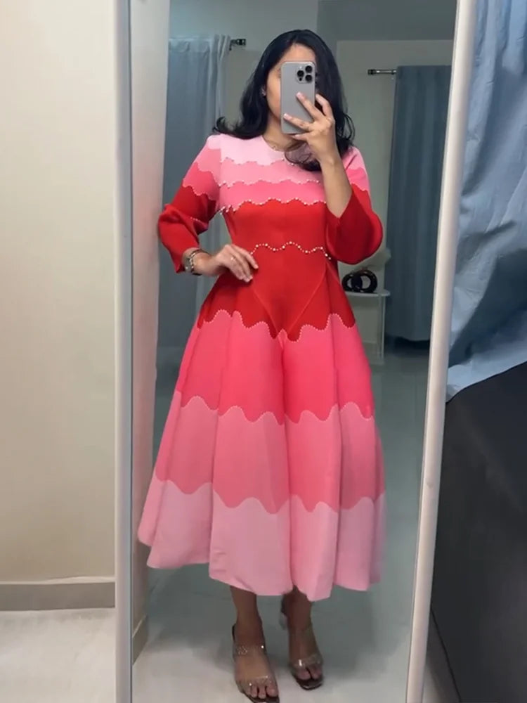 EGRM Pleated Party Dress Women's High Quality Beaded Color Block Long Sleeve Loose Fit Flared Maxi Evening Dresses 9R5303