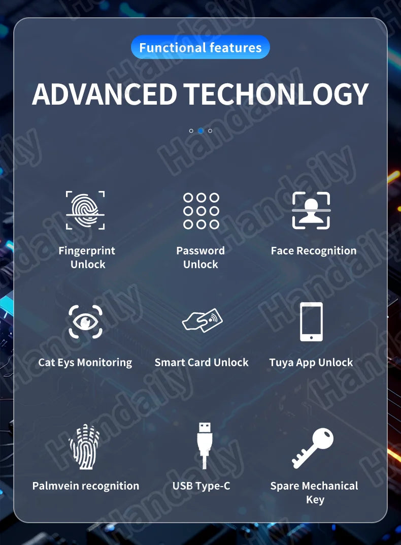 HanDaily Waterproof Smart Door Locks with Camera Video Intercom Palm Face Recognition Smart Lock Tuya Wifi App Remote Control