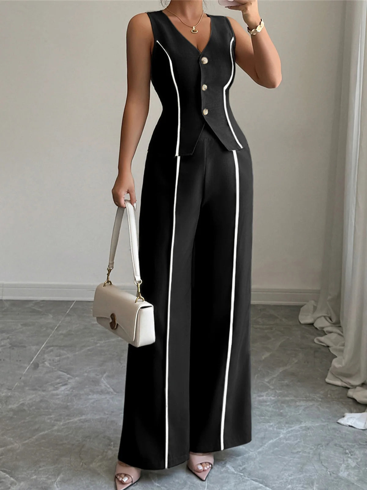 S - XL Sleeveless V Neck Vest Solid Women Suits 2 Pieces Sets Female Leisure Elegant Pants Formal Pantsuit Outfit For Women M127