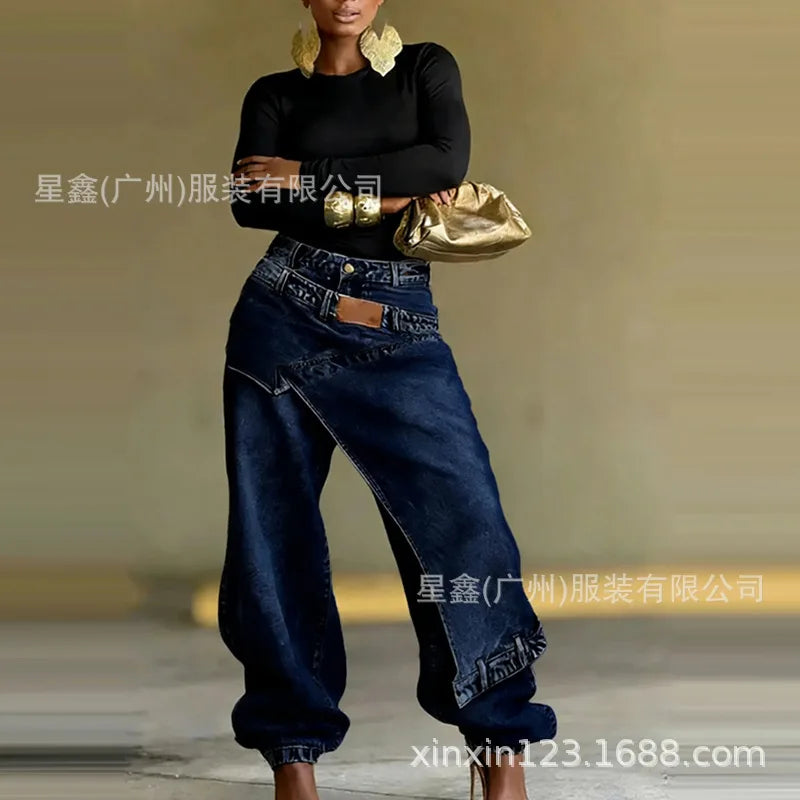Vintage Washed Denim Jeans Women Y2K Faux Two Piece Design Jumpsuit Pants Overall