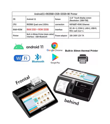 11.6inch Desktop /Wall-mounted Windows & Android Cash Register POS Systems with 80mm Autocutter Thermal Receipt & Label Printer