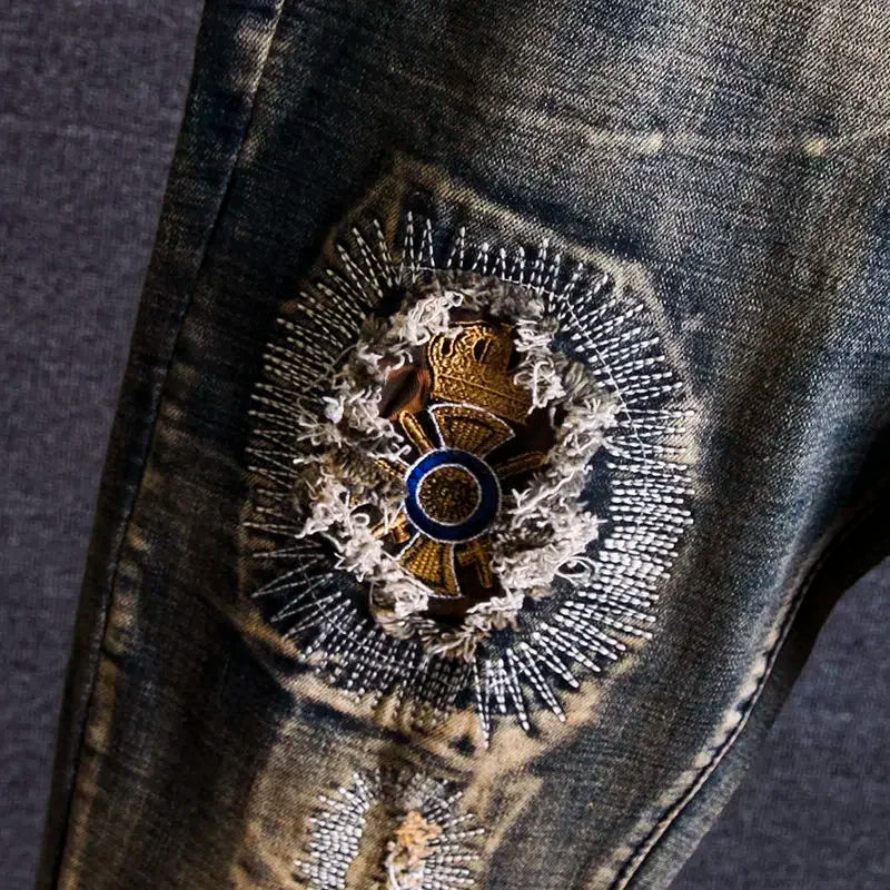 Trousers Torn Men's Jeans Embroidery Man Cowboy Pants with Holes Graphic Broken Ripped Cropped Retro Luxury Plus Size Cheap Goth