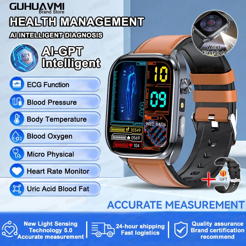 2026 New AI-Diagnosis Care Smartwatch Accurate ECG Uric Acid Lipids Blood Pressure Body Fat IP68 Waterproof Fitness Smartwatch