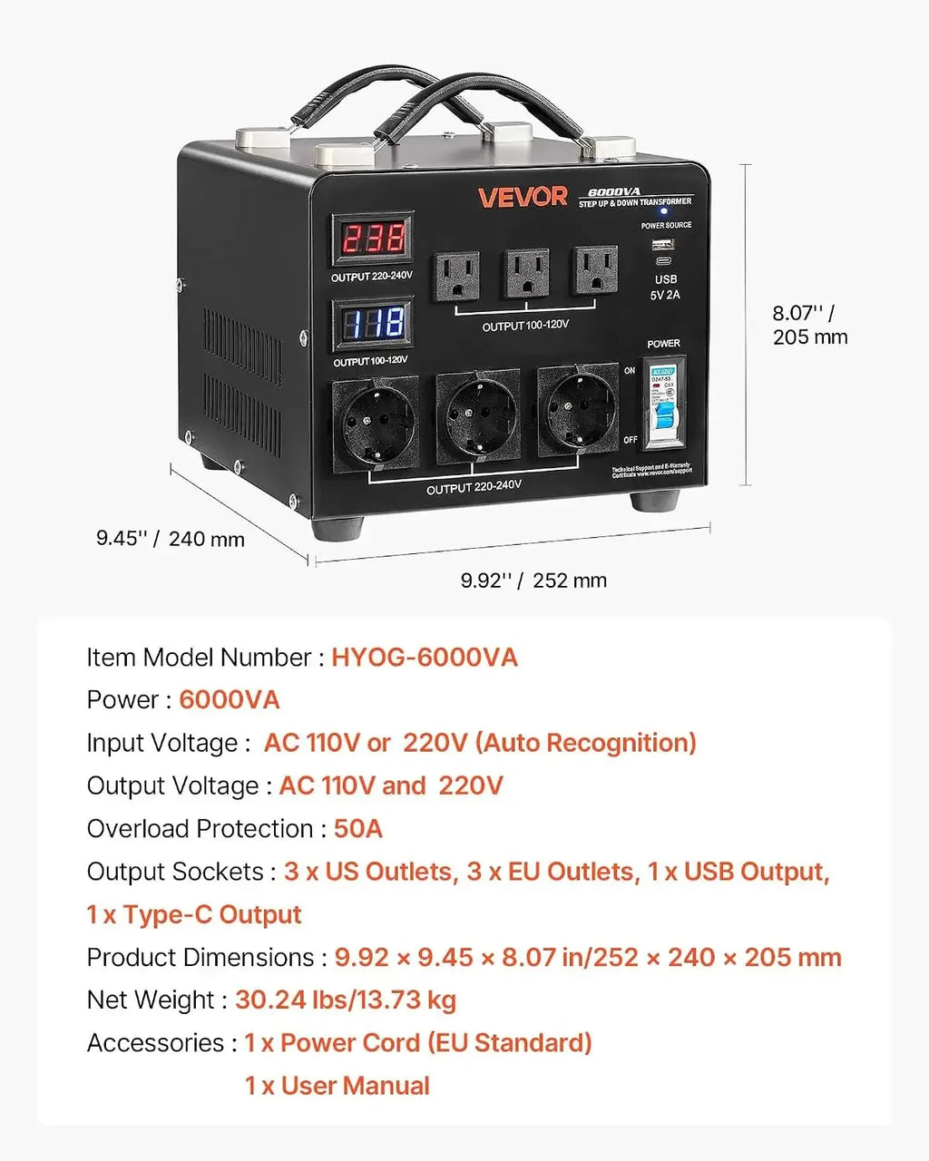 oltage Auto Converter Transformer, 6000VA, Heavy Duty Step Up/Down Power 110V to 220V and