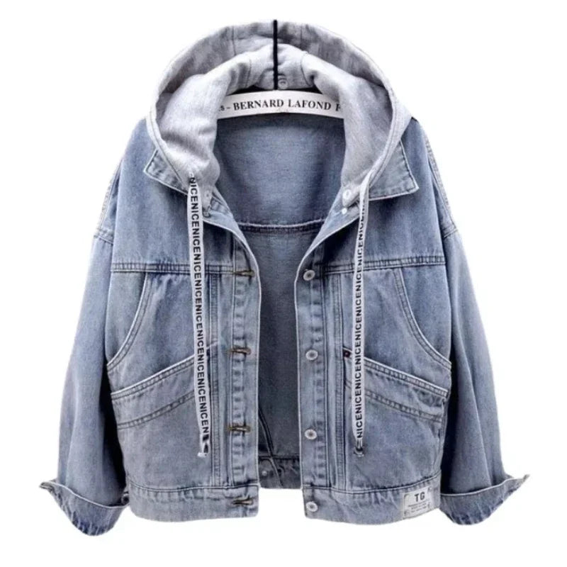 Denim Jacket Schoolgirl Korean Version Loose Short Jacket Long-sleeved Hooded Jacket Multi-pocket Versatile Top Autumnand Winter