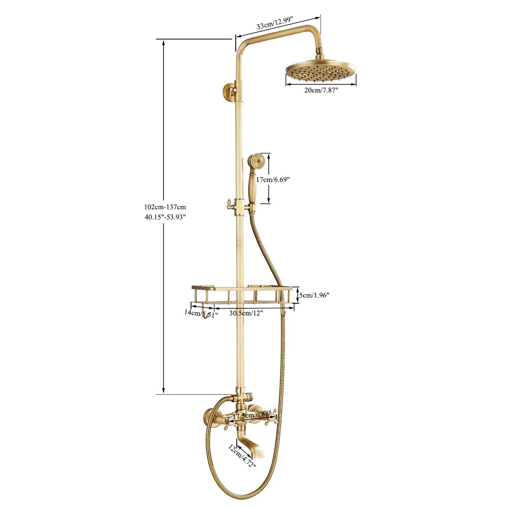 Antique Brass Shower Faucet Set Rainfall Head Shower with Handshower Wall Mount Dual Handle Mixer Bathroom Shower System