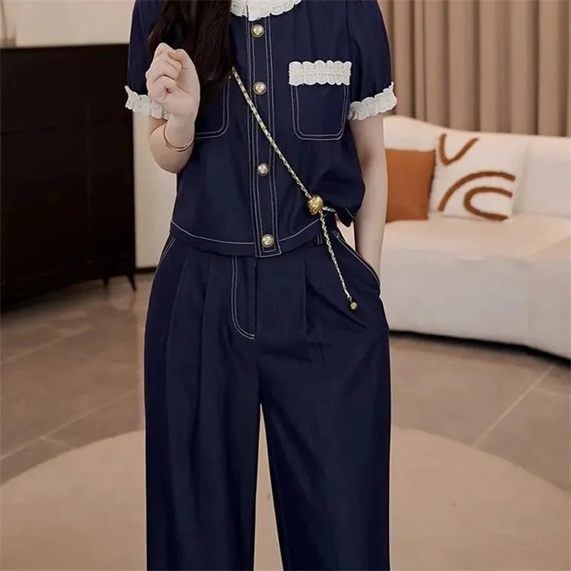 Spring Summer Ladies Short Sleeve Pants 2PCS 2026 Female Tops Pantalons Two-piece Suit Korean Women Fashion Round Neck Trousers