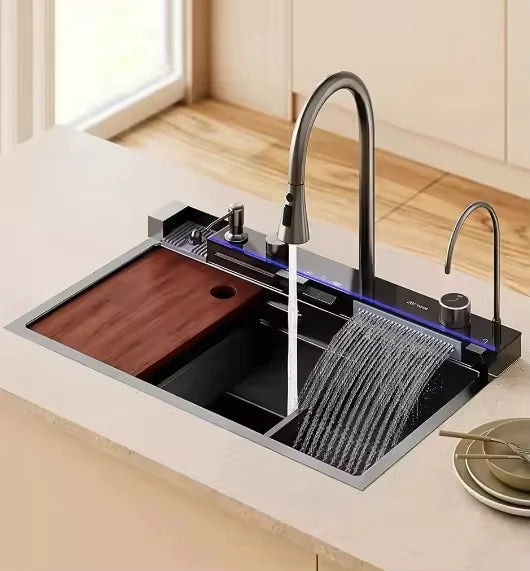 Stainless Steel Large Single Slot Bionic Honeycomb Black Wash Top Mount / Apron Front Smart Kitchen Sink with Waterfall Faucet