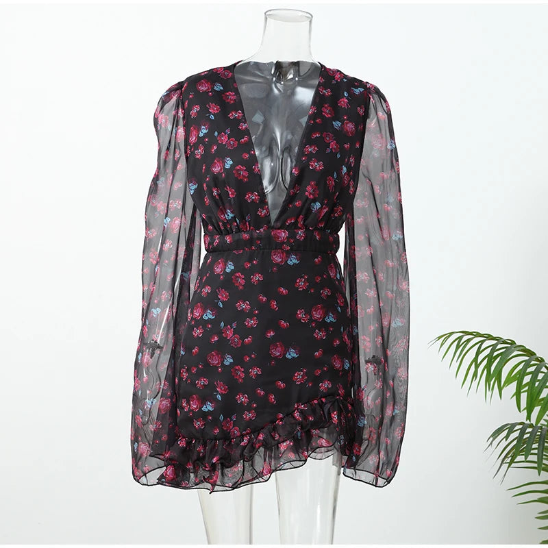 Elegant Ruffle Print Slim Short Dress Women Chic Patchwork Flared sleeves V-neck Pleated Dresses 2026 Lady Summer Casual Vestido