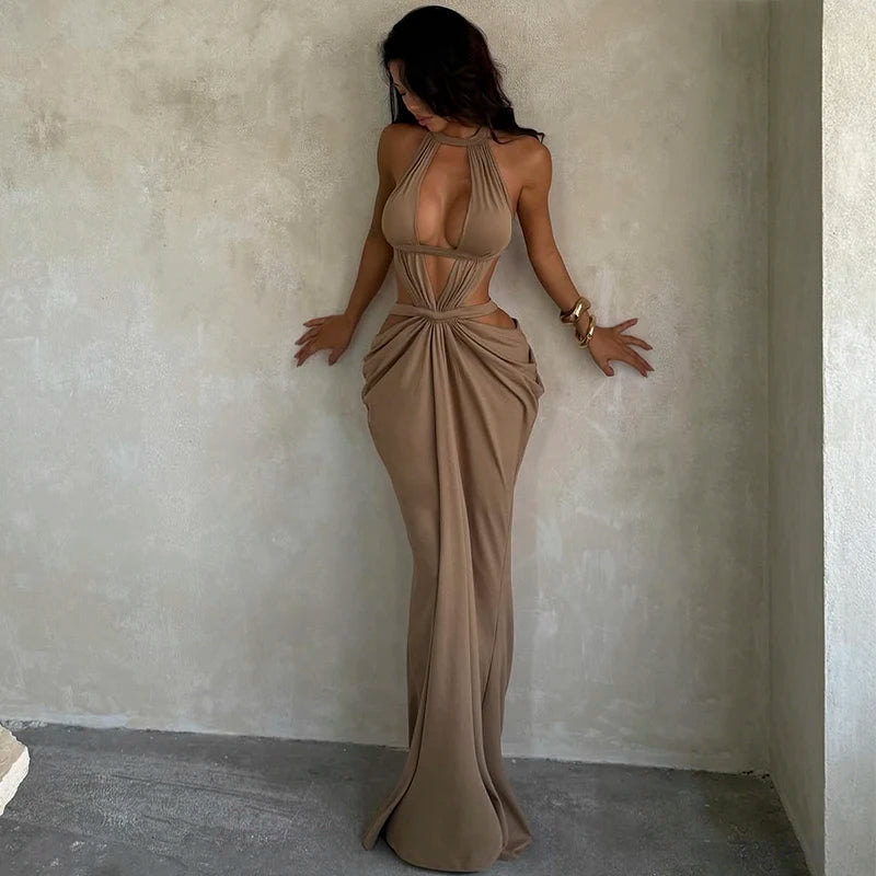 Halter Cut-Out Draped Super-Cut Back Bare Elegant Party Maxi Dress Waistless Backless Sleeveless Khaki Evening Prom Long Dress