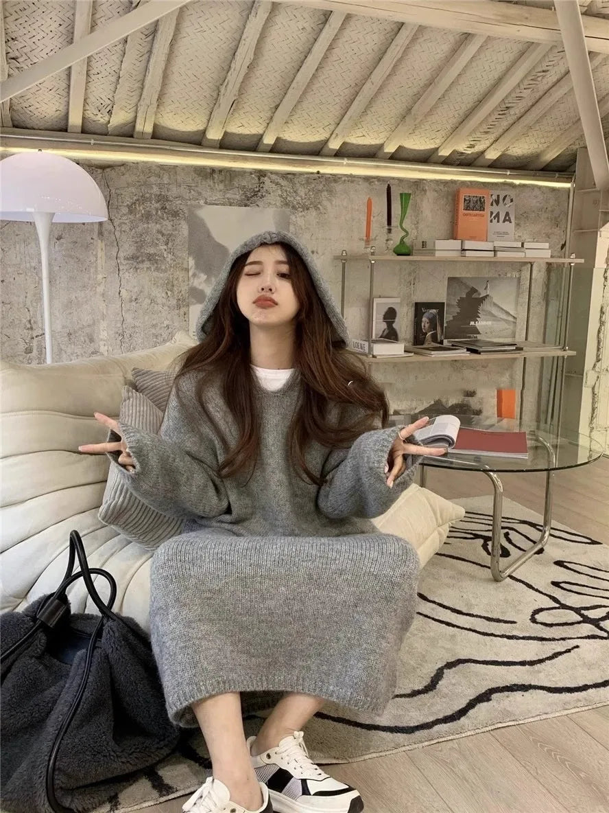 Korean style autumn hooded cashmere sweater long sweater dress loose women's knitted woolen hoodie
