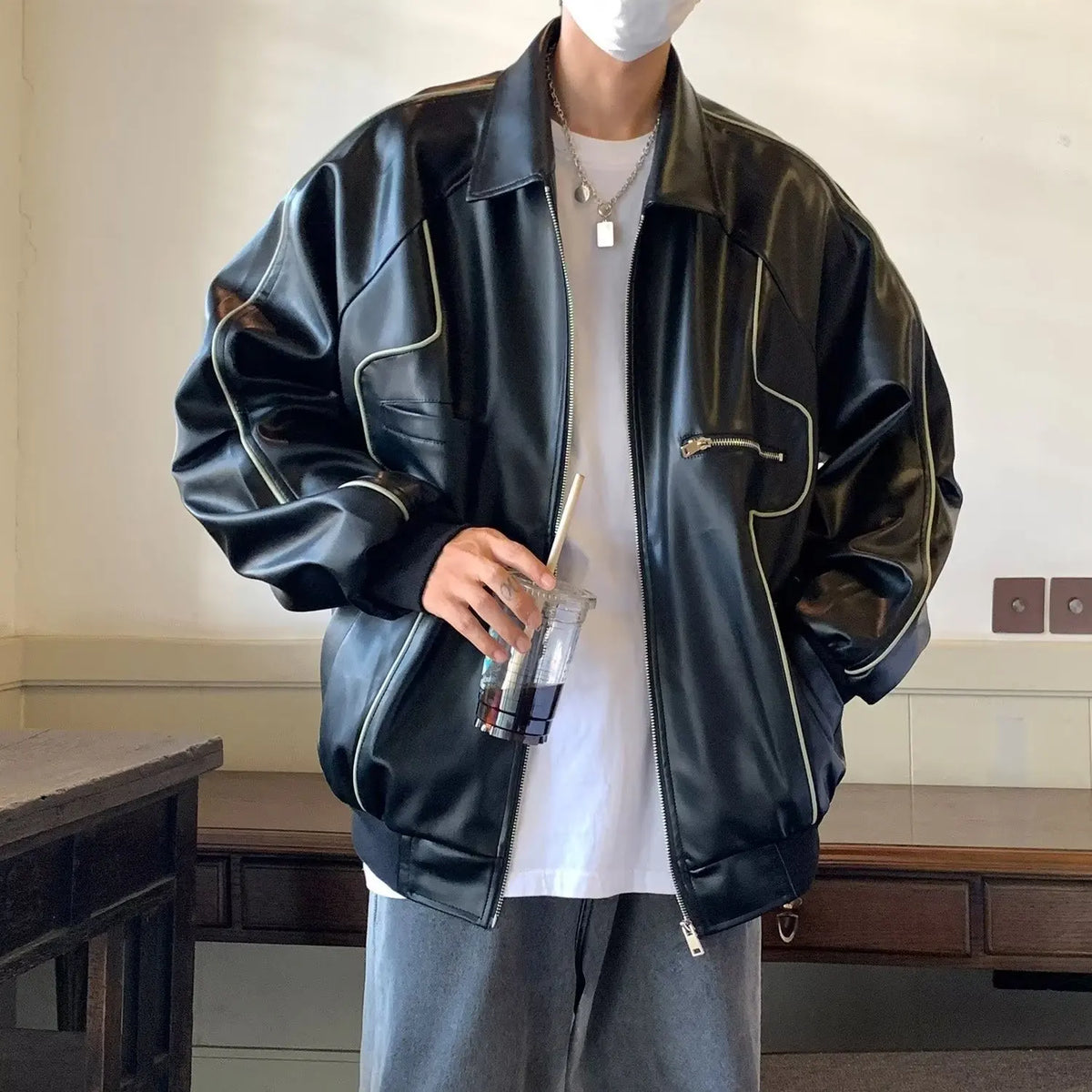 European American Motorcycle Leather Jacket Unisex Embroidered Baseball Jacket Retro Imitation Leather Jacket Coat Streetwear