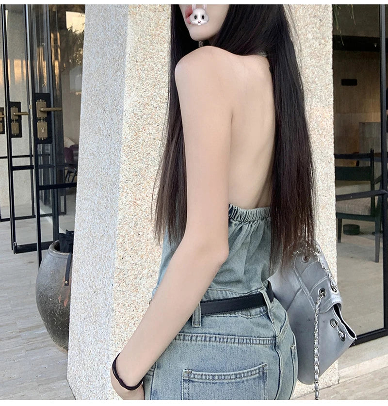 Women's Casual Denim Overalls Vintage Button Down Sexy Backless Holes Hollow Out Ripped Denim Full Pants Female 2024 New Jeans