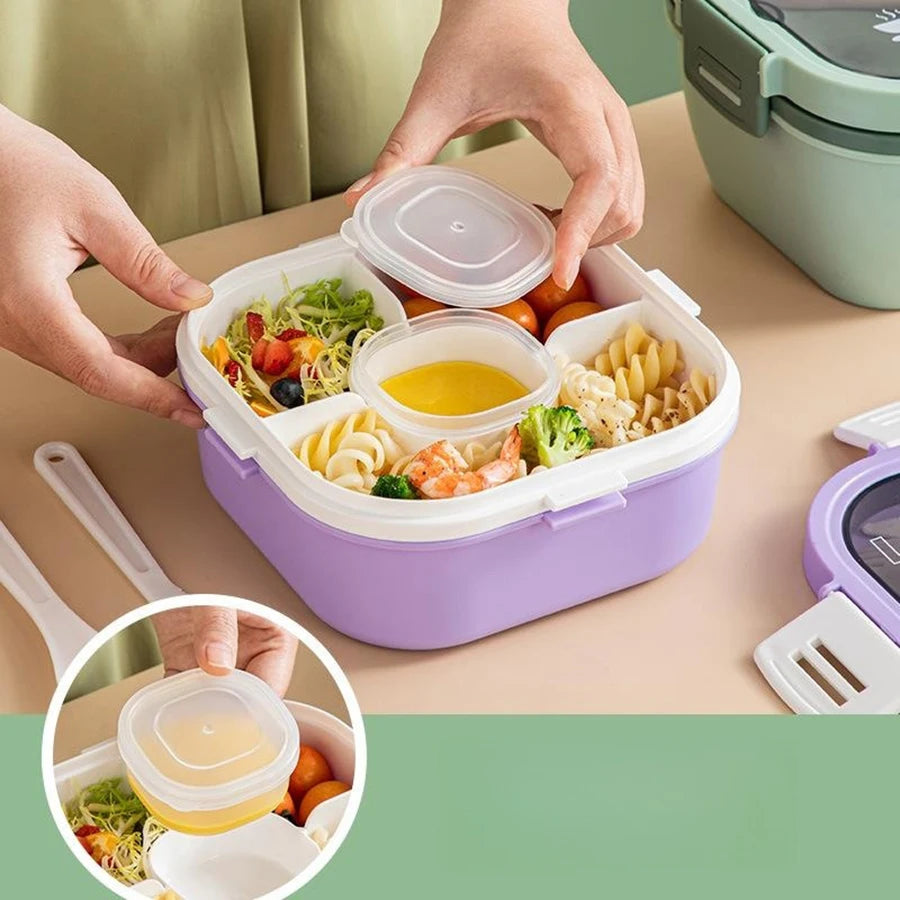 Double Stackable Lunch Box, 50 oz. Large Salad Bowl, 4 Compartment Tray, 3 oz. Sauce Container, Built-In Reusable Fork & Spoon
