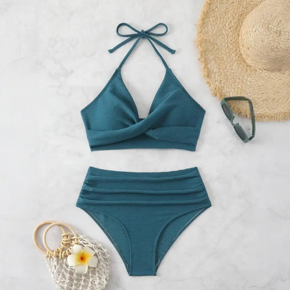 Bikini Set with Pleated Design 2pcs Summer Bikini Set with Padded Halter Bra Pleated High Waist Swimming Trunks Solid for Women