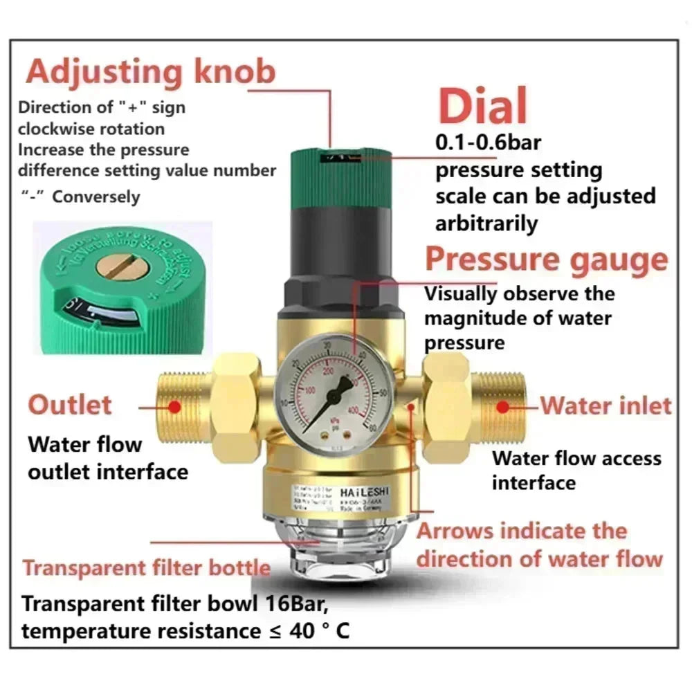 1/2" 3/4" 1" Brass Adjustable Pressure Reducing Valve With Pressure Gauge Cross-border Pressure Stabilizing Valve