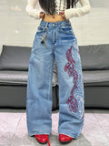 American Retro Two-Color Embroidered Wide-Leg Women's High-Waisted Jeans - Fashionable Design, Straight-Leg Loose Slimming Wide-Leg Floor-Length Trousers For Street Hotties